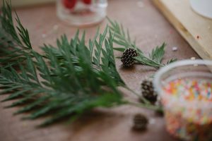 Close-up of evergreen branches and pine cones with colorful sprinkles, creating a festive atmosphere.