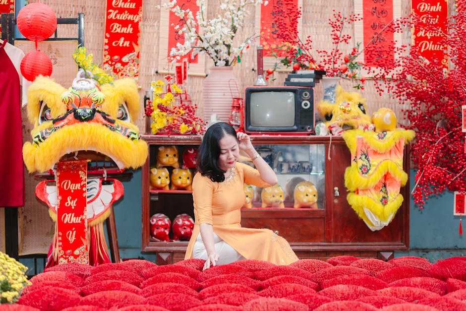 Colorful Vietnamese New Year celebration with traditional decorations and lion dance costume.