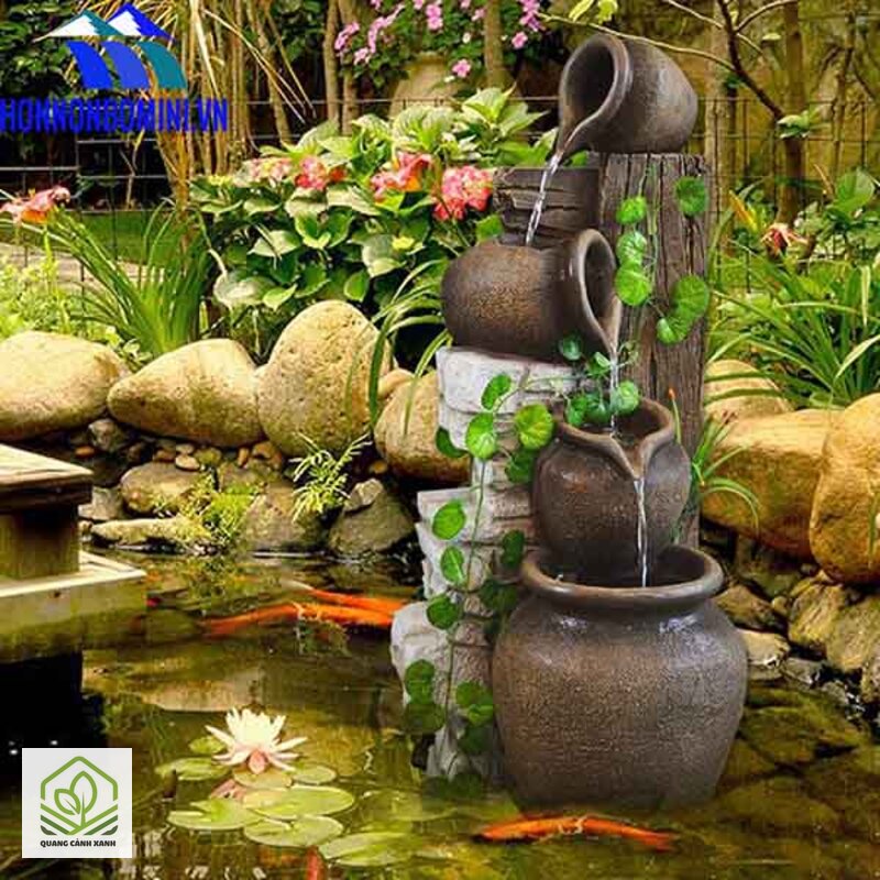 Thác nước mini sân vườn - Thác chum vại và thác máng gỗ tre