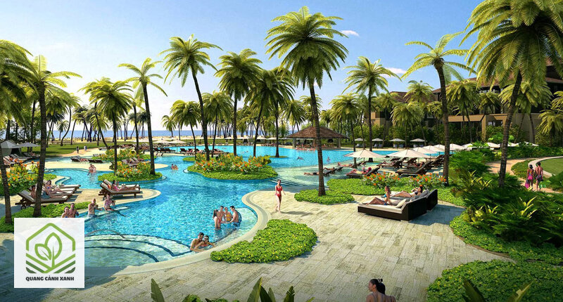 Thiết kế cảnh quan resort - Khu hồ bơi: nắng, an toàn và ít rác lá